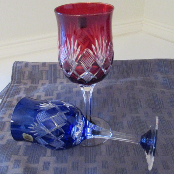1  Red & 1 Blue Hand cut to clear glass Stemware - Picture 8 of 11